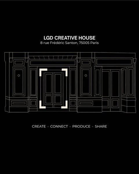 Dessin de la façade de la LGD Creative House, l'adresse est mentionnée au dessus, le slogan "Create. Connect. Produce. Share." en dessous.